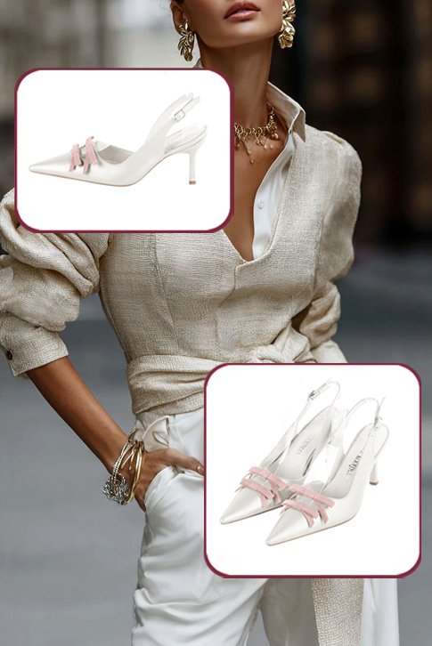 Women's pure white and powder pink elegant slingback heels, with a bow on the front. Pointed toe. High slim heel - Top view